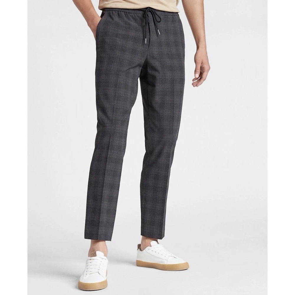 EXPRESS Gray Plaid Drawstring Pants Men XS Slim Luxe Ankle‎ Crop Hipster Stretch